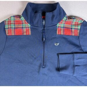 Vineyard Vines 1/4 Zip Sweater Men's Large Blue Pullover Whale Plaid Logo Preppy